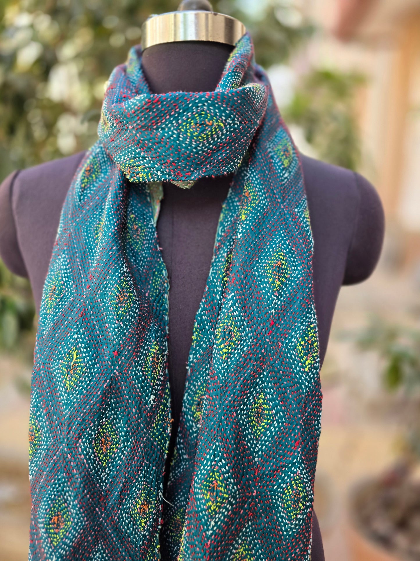 Fine work Silk scarf reversible Kantha handmade