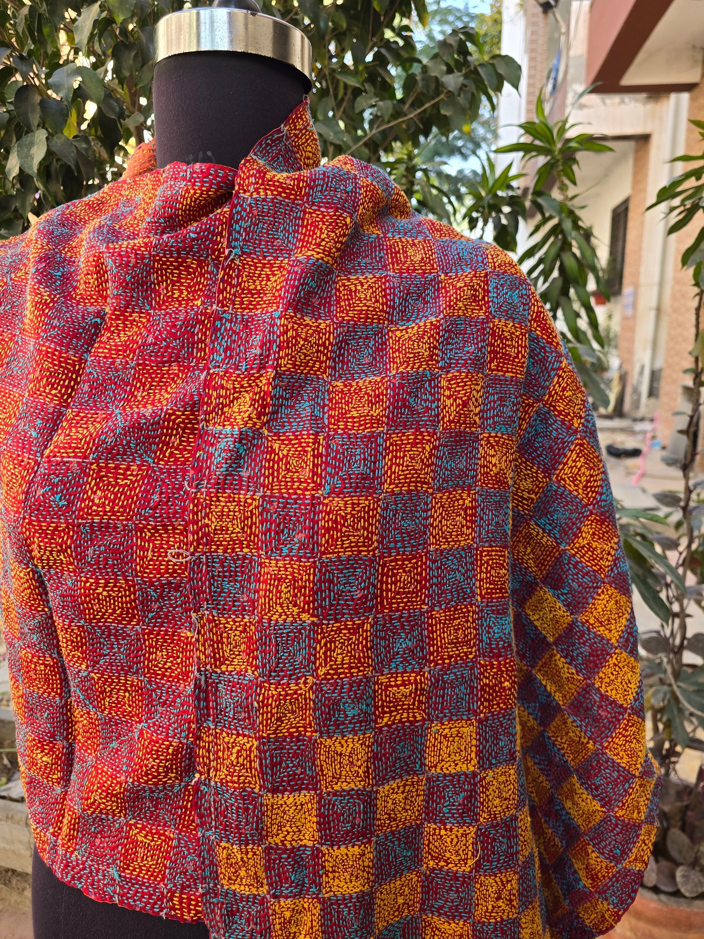 Fine work Silk scarf reversible Kantha handmade