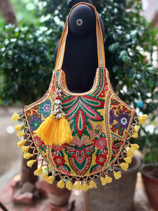 Banjara shoulder bag handmade tassels bag yellow  colour