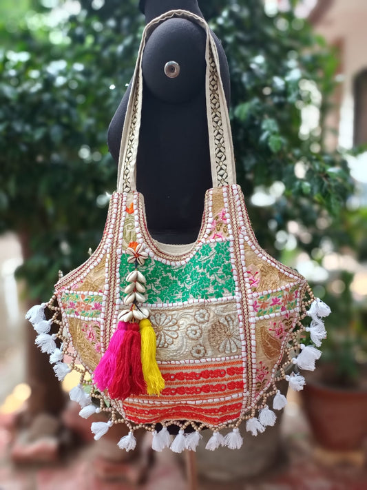 Banjara shoulder bag handmade tassels bag milky color