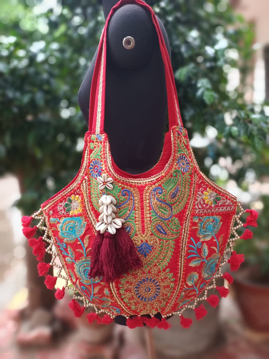 Banjara shoulder bag handmade tassels bag Red colour