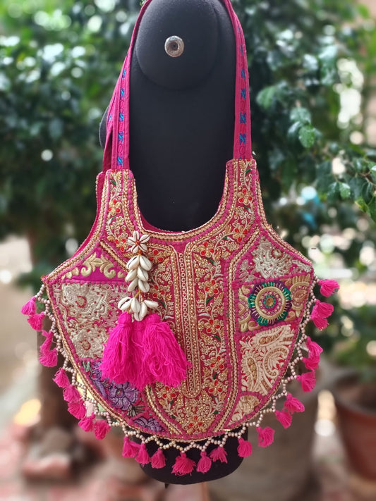 Banjara shoulder bag handmade tassels bag pink colour