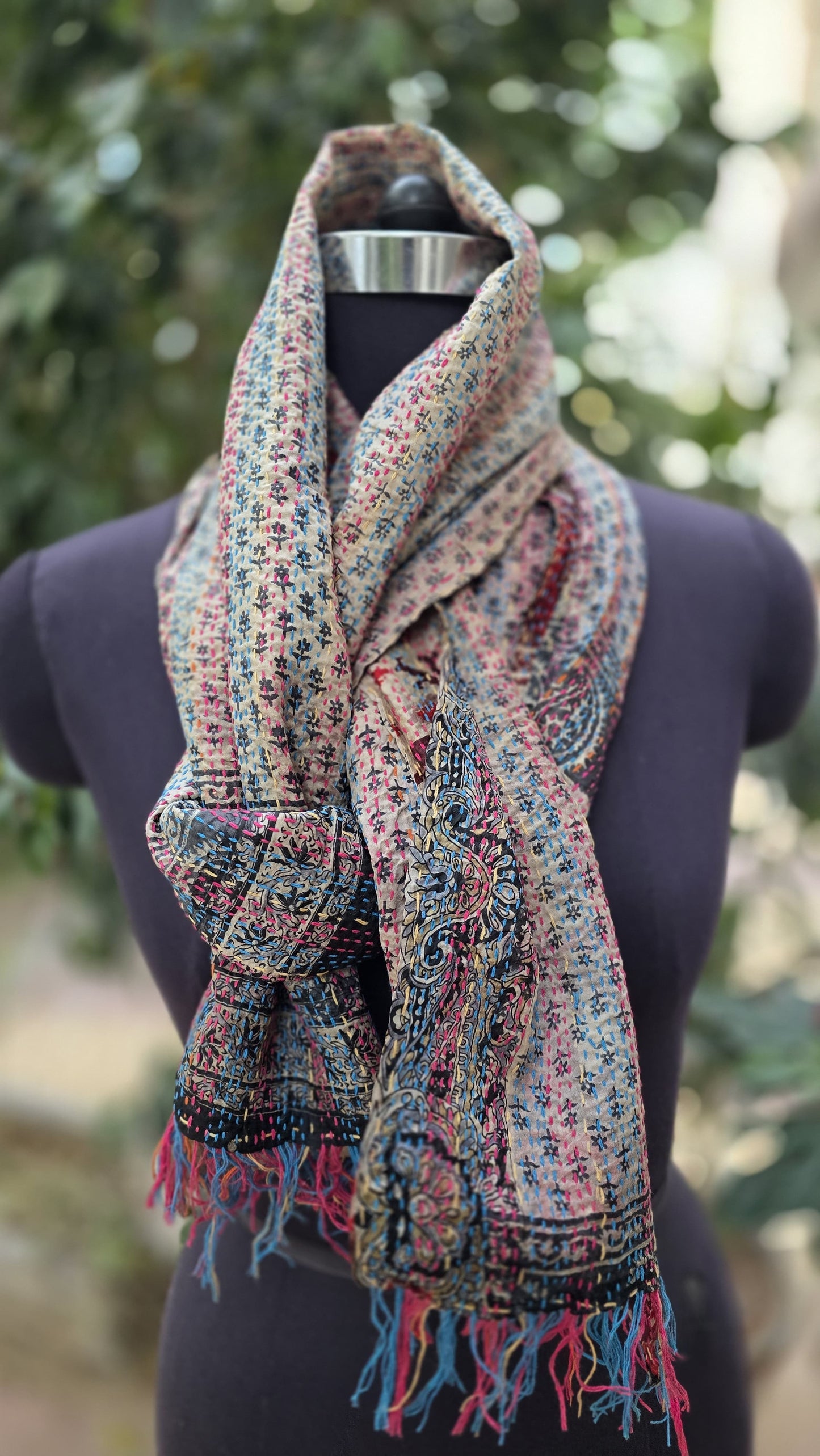 Silk scarf reversible Kantha handmade