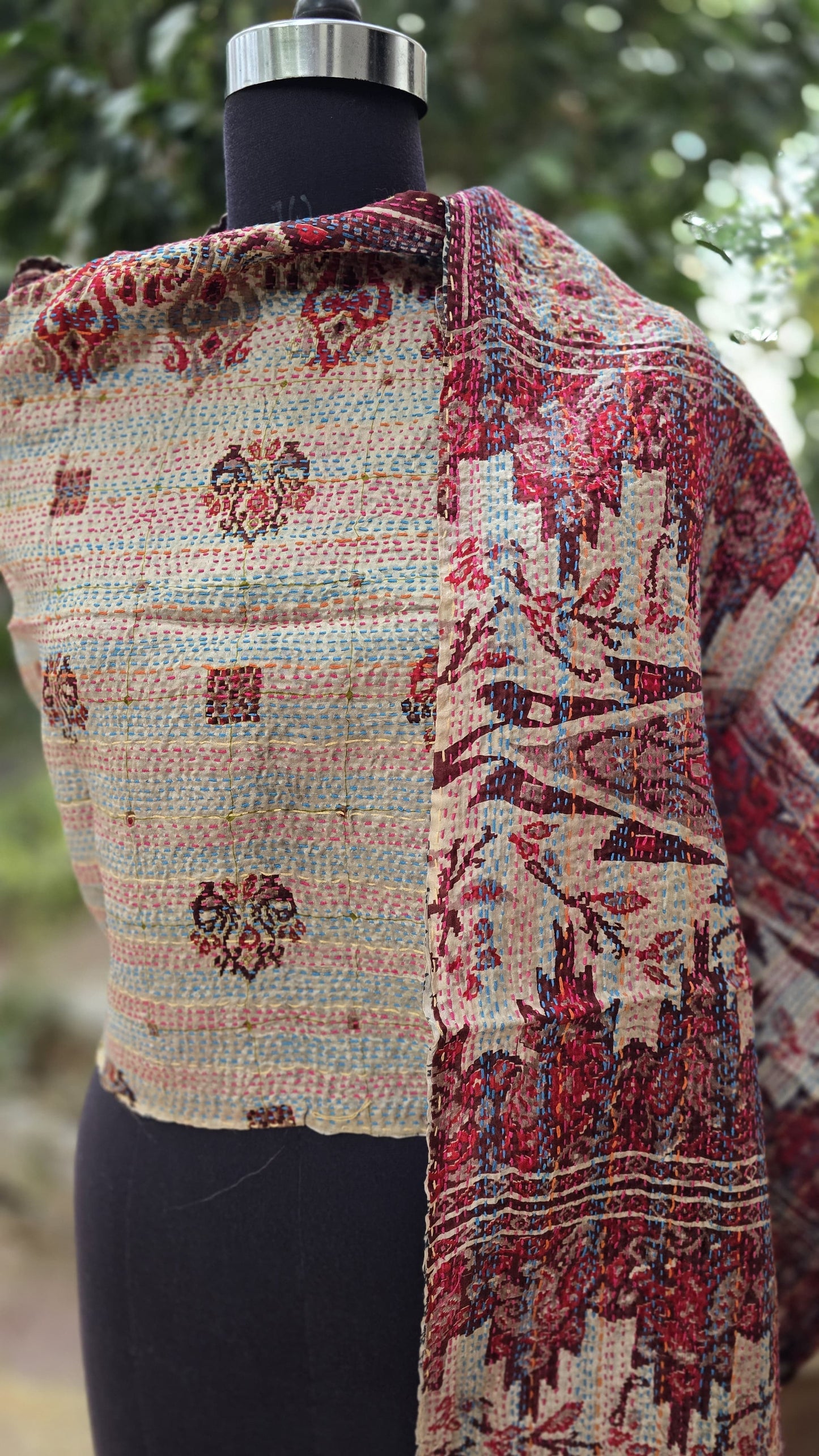 Silk scarf reversible Kantha handmade
