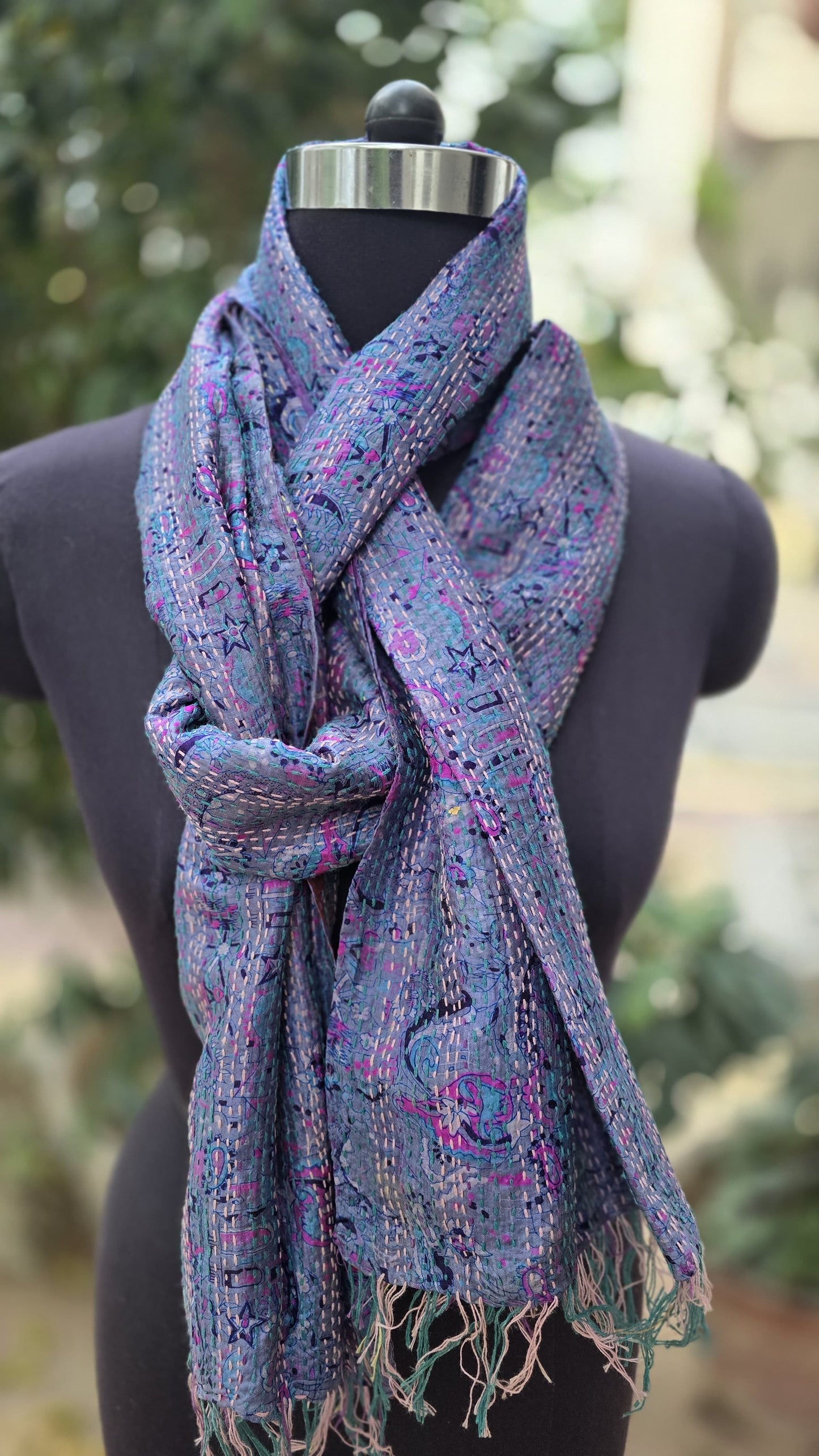 Silk scarf reversible Kantha handmade