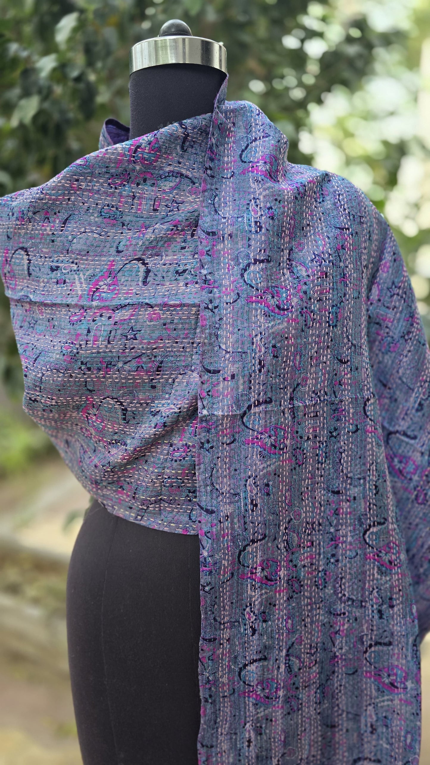 Silk scarf reversible Kantha handmade