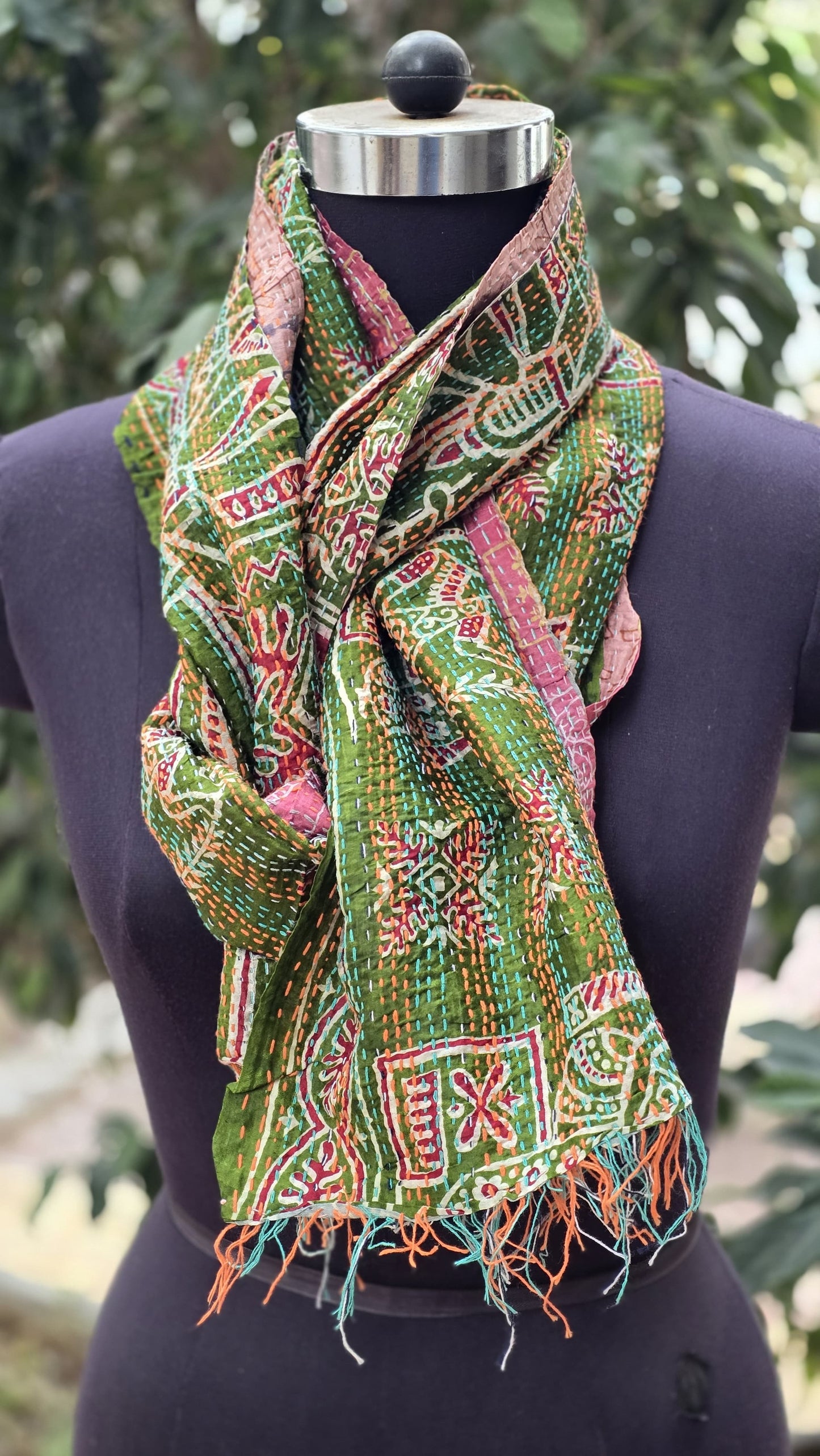 Silk scarf reversible Kantha handmade