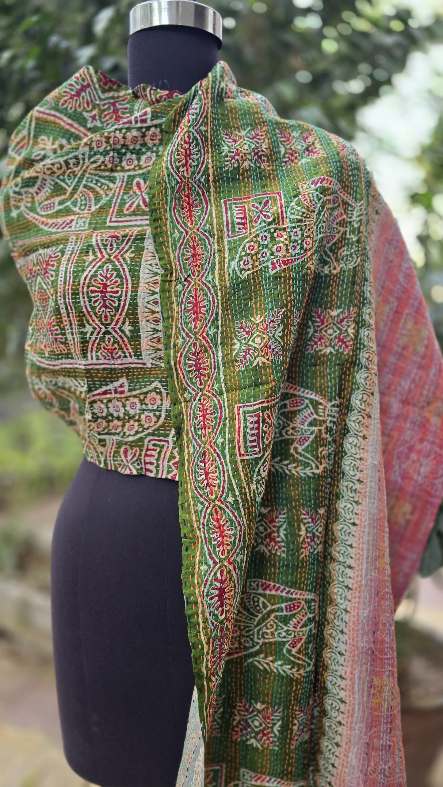 Silk scarf reversible Kantha handmade