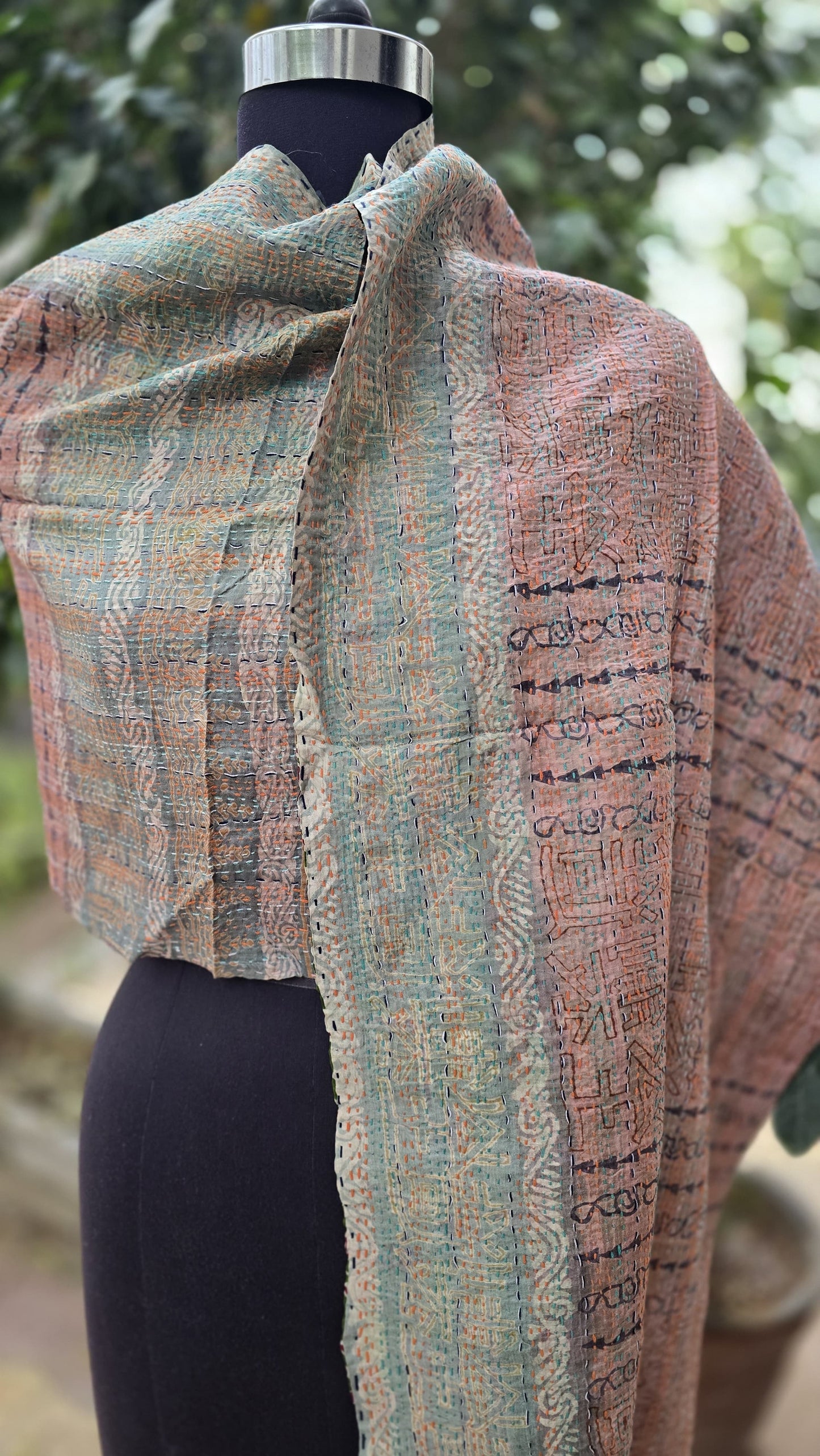 Silk scarf reversible Kantha handmade