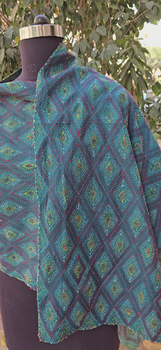 Fine work Silk scarf reversible Kantha handmade