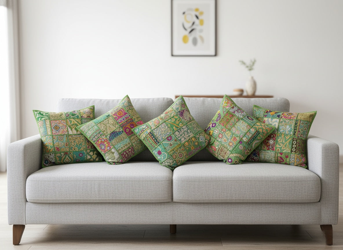 Light Green colour Cushion cover patchwork set of 5 piece