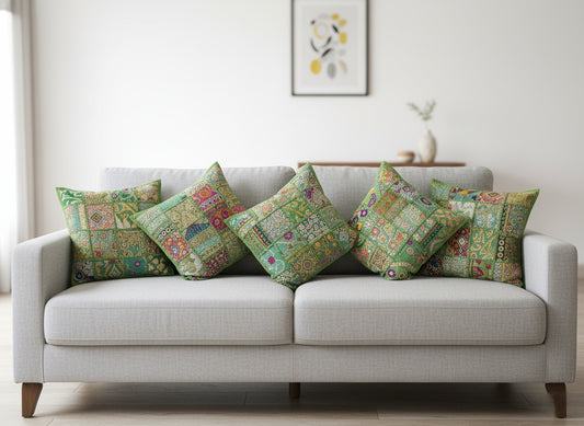Light Green colour Cushion cover patchwork set of 5 piece