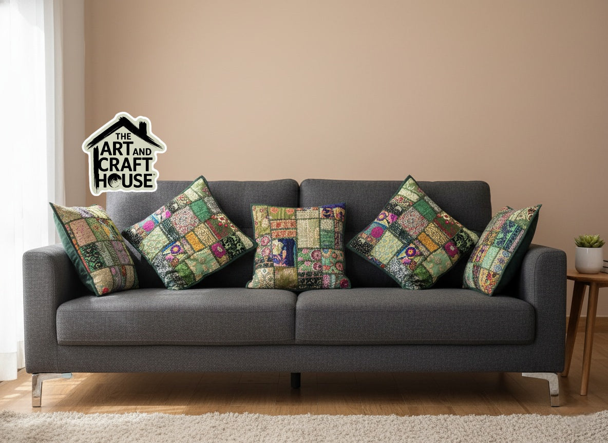 Green colour Cushion cover patchwork set of 5 piece