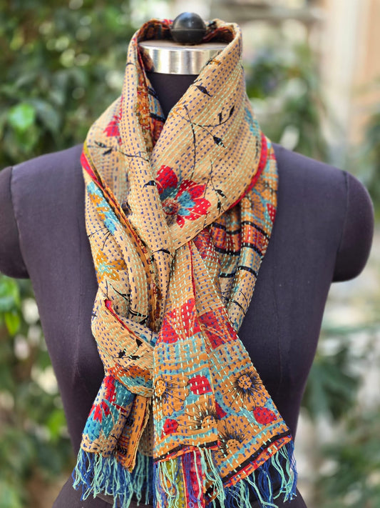 Silk scarf reversible Kantha handmade