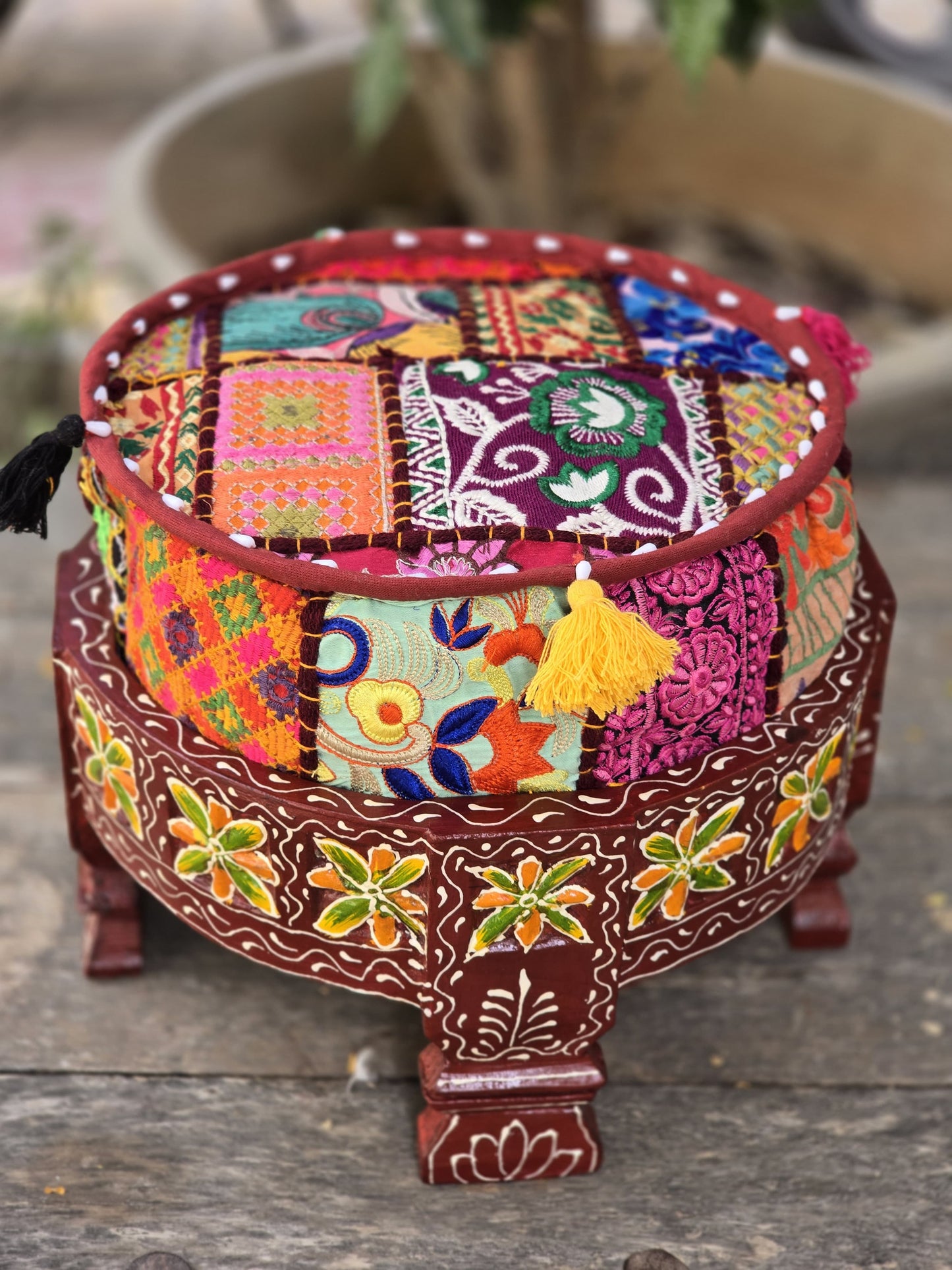 18 inch Wooden stool home decor embroidery patch work handmade