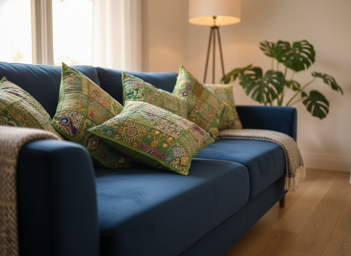 Light Green colour Cushion cover patchwork set of 5 piece