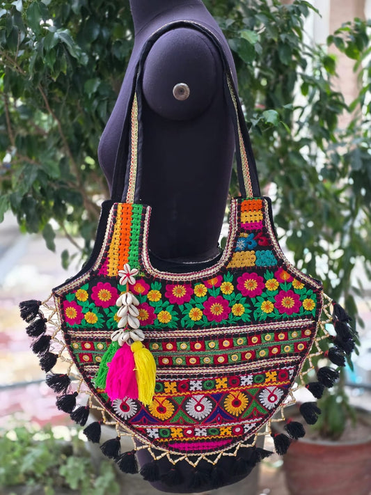Banjara shoulder bag handmade tassels bag black colour