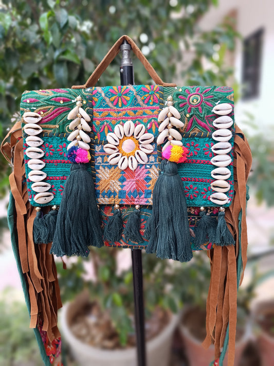 Banjara bag sling bag fringes bag green colour