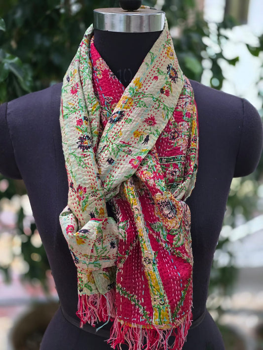 Silk scarf reversible Kantha handmade
