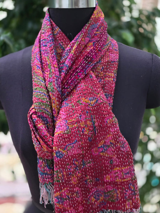 Silk scarf reversible Kantha handmade