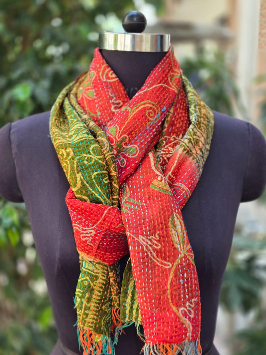 Silk scarf reversible Kantha handmade