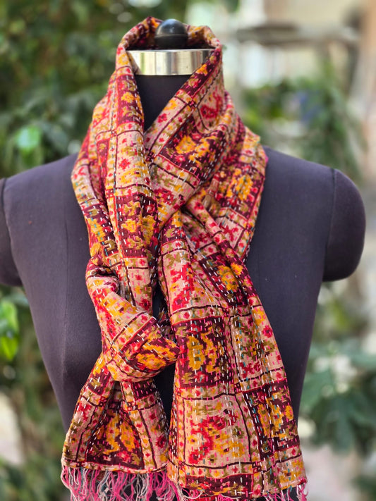 Silk scarf reversible Kantha handmade