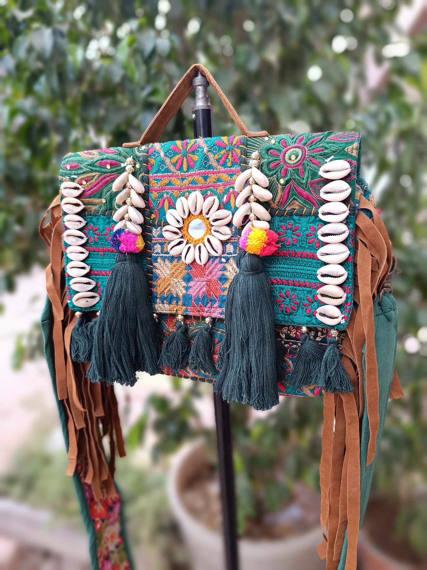 Banjara bag sling bag fringes bag green colour