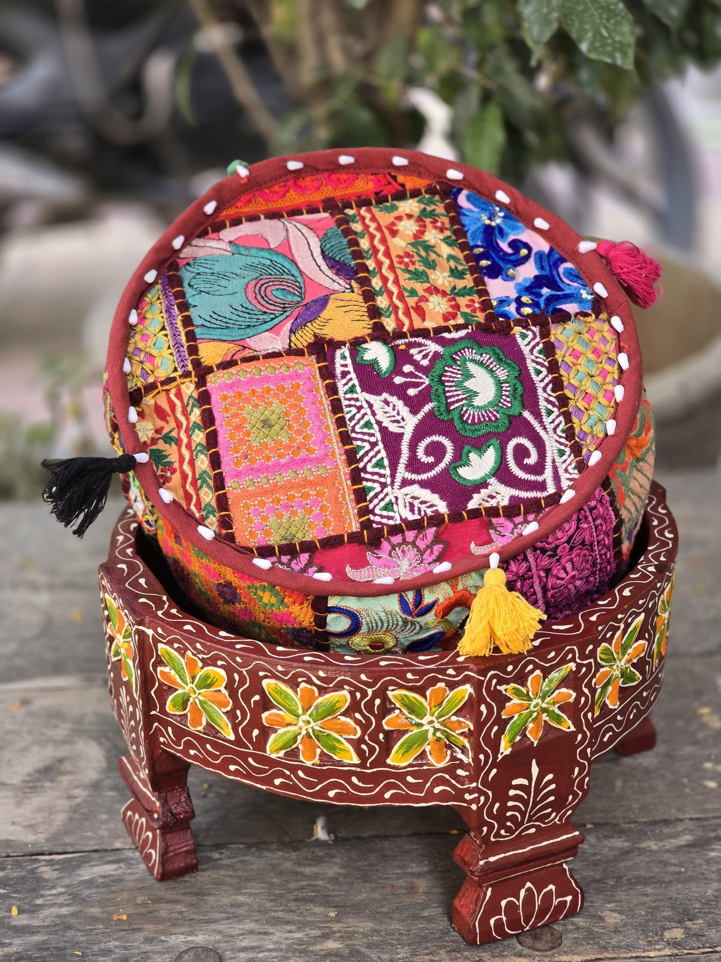 18 inch Wooden stool home decor embroidery patch work handmade