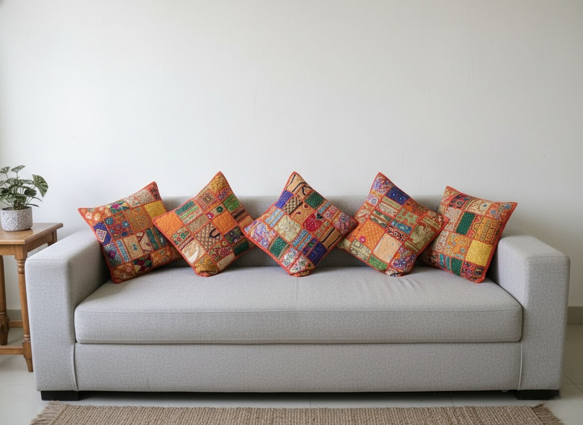 Orange colour Cushion cover patchwork set of 5 piece