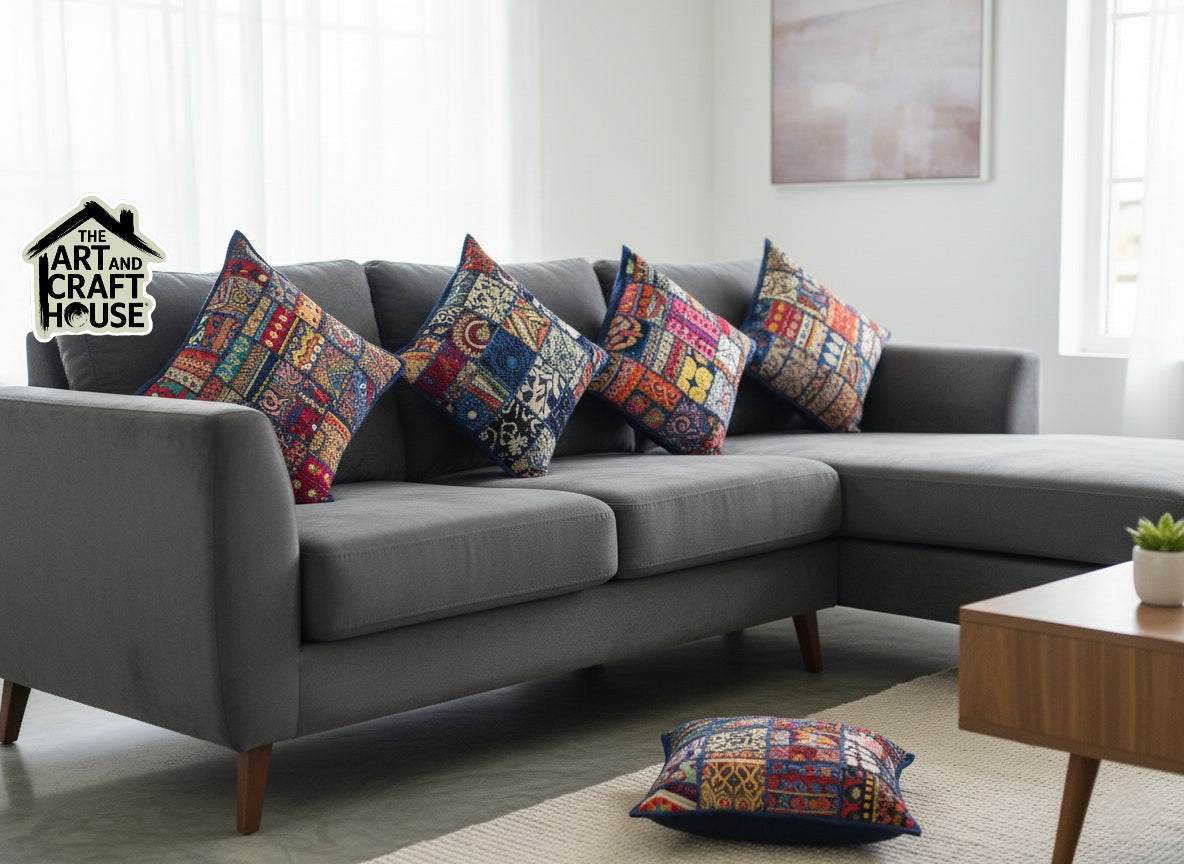 Blue colour Cushion cover patchwork set of 5 piece