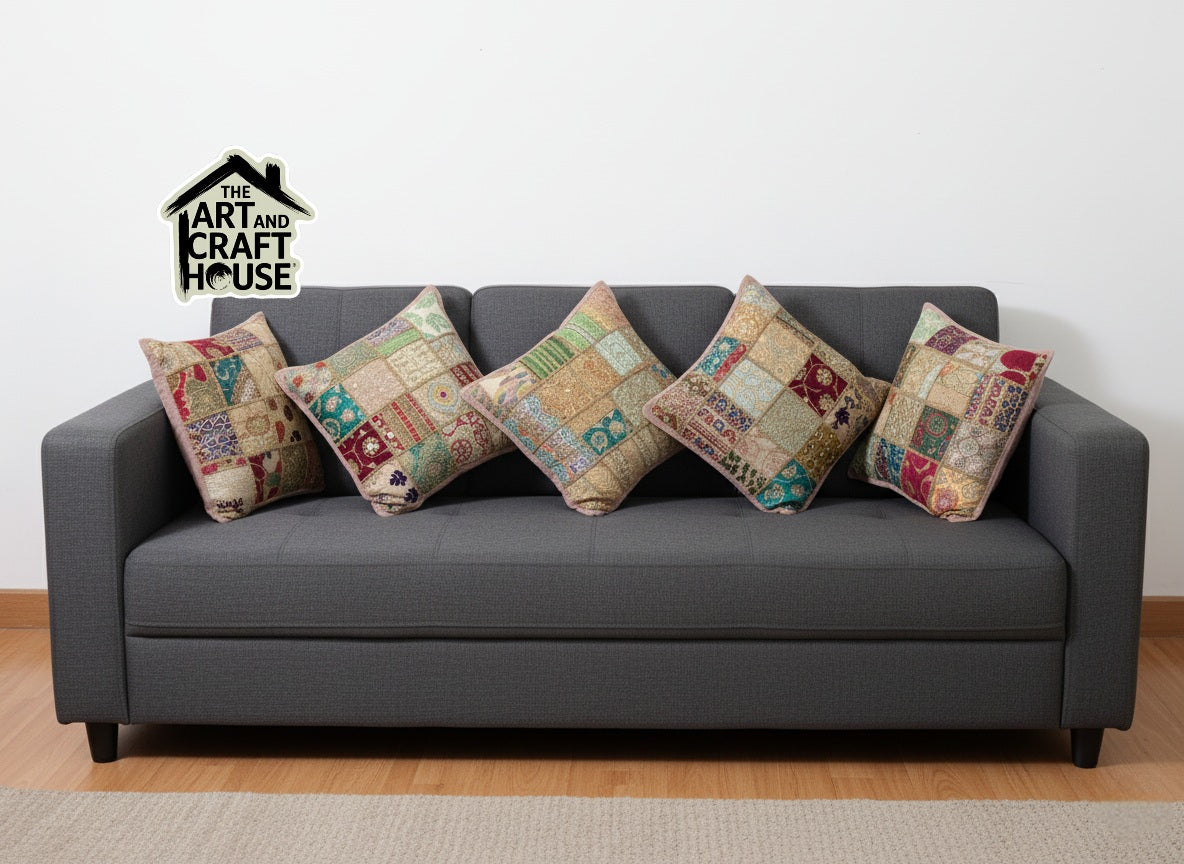 Beige colour Cushion cover patchwork set of 5 piece